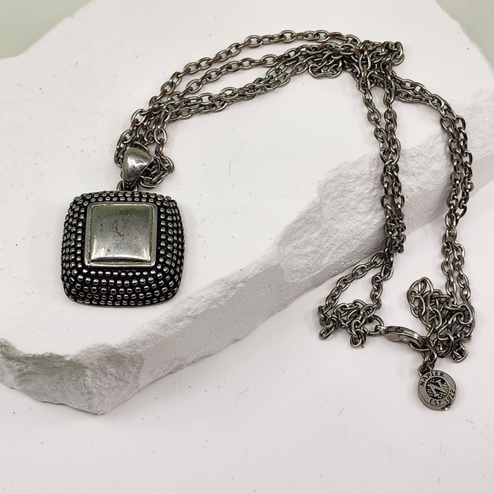 Napier Silver Tone Black Textured Square Pendant Necklace Modernist Statement